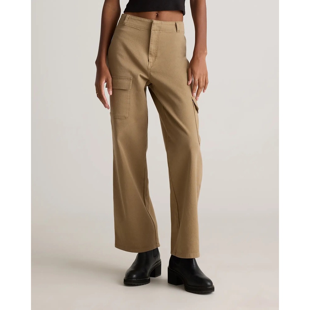 NWT Quince Organic Stretch Cotton Twill Cargo Pants Light Khaki Wide Leg Size 16